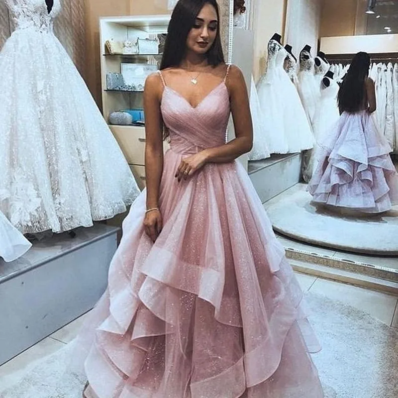 

Pink Evening Gown Cascading Ruffles Hand Made Party Dresses robe de soiree Saudi Arabian Evening Gowns Abiye vestido longo