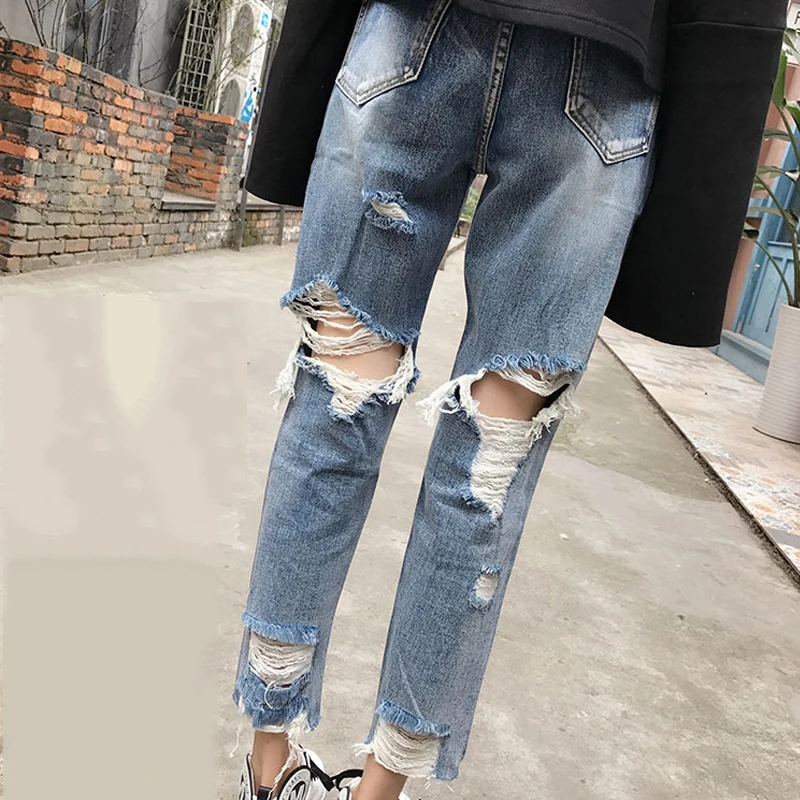 

Large Plus Size Back Knee Hole Distressed Ripped Boyfriend Jeans For Women High Waist Loose Destroyed Jeans Denim Pants Tattered