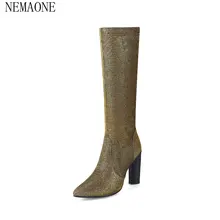 NEMAONE/; Botas; однотонные черные высокие зимние сапоги; Теплая обувь из искусственной кожи; сапоги до колена ручной работы