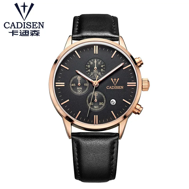 Cadisen мужские часы Топ бренд класса люкс Хронограф светящиеся часы мужские спортивные повседневные кожаные модные деловые кварцевые наручные часы 30 м - Цвет: rose black