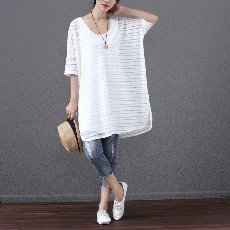 2017 Summer White And Black Women T-shirt Loose Plus Size Long Pattern Mesh Breathable Cool V-neck Tee Tops