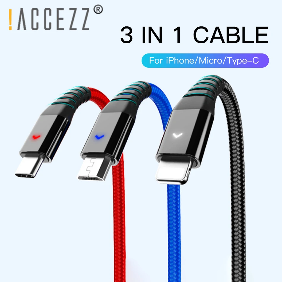 ! ACCEZZ USB кабель 3 в 1 для iPhone XS X 8 7 6 Plus зарядное устройство Micro Android TypeC мобильный