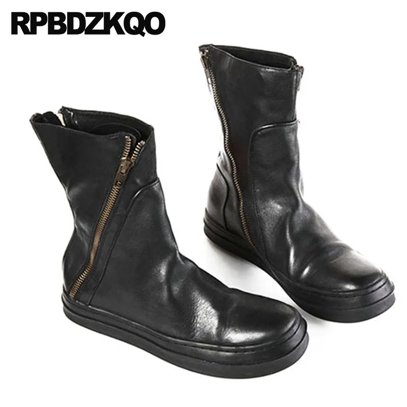 Masculino Cómodo Caer Zapatos Mediados black Genuina Piel Calidad Negro Botas Cuero Coreano De Black Completo Runway Grano Moda Planos Hombre Alta Becerro 2 Invierno Lujo Calzado Sintética Cremallera Del 1 WangzfnSx