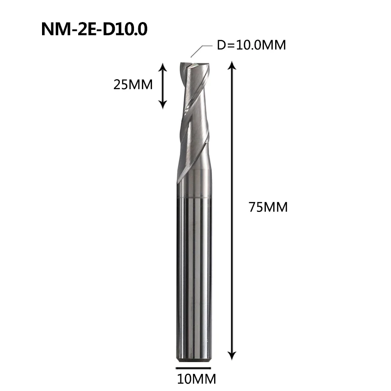 NM-2E Вольфрамовая сталь 2 Флейта с квадратным покрытием Концевая мельница с ЧПУ Фрезерный резак режущие инструменты для обработки меди и алюминиевого сплава - Длина режущей кромки: NM-2E-D10.0