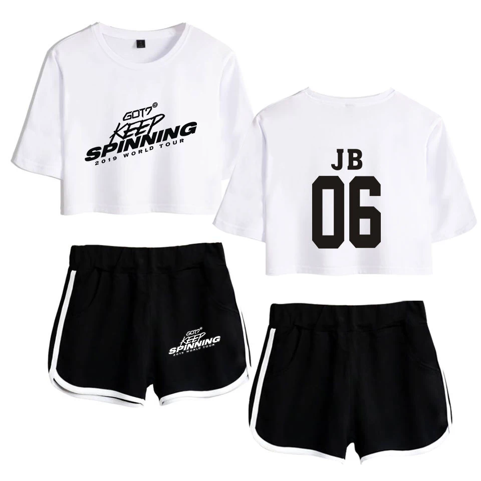 

GOT7 Print 2019 Sexy Temperament T-Shirt Women's Casual Navel Short Sleeve T-Shirt + Shorts Two-Color Mixed Women's Sports Set