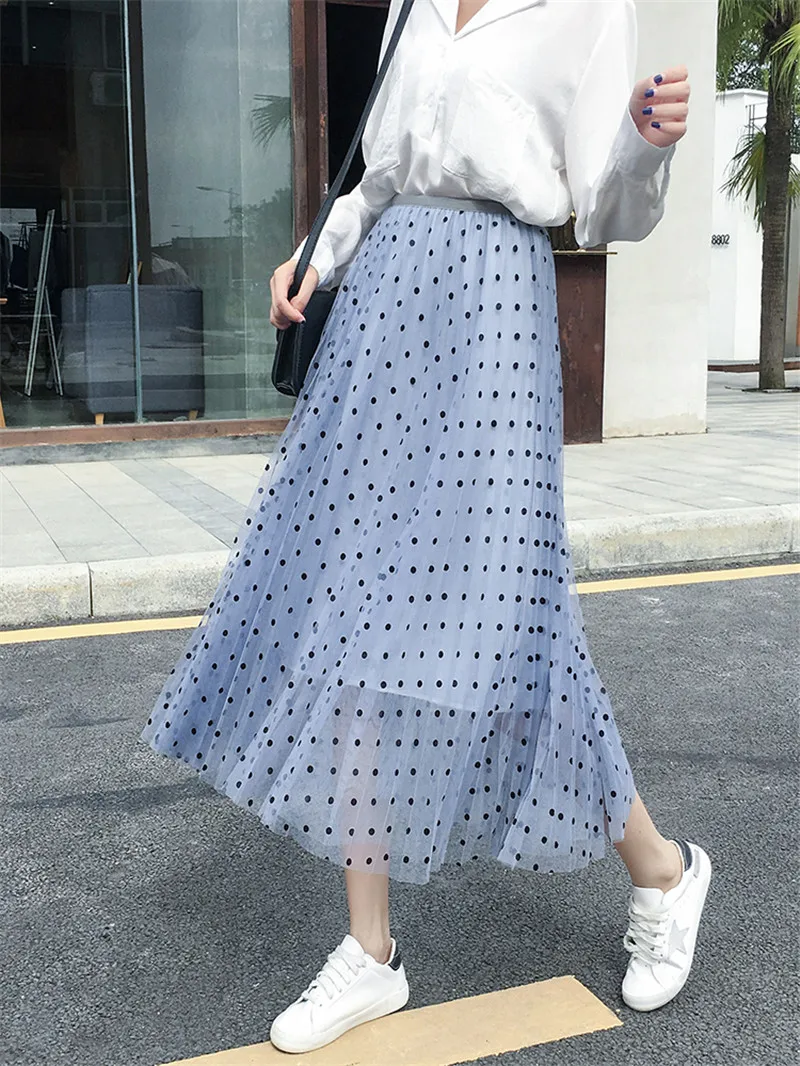Женские юбки новые весенние летние плиссированные юбки с высокой талией Элегантные длинные юбки в горошек сетчатые Многослойные милые корейские юбки