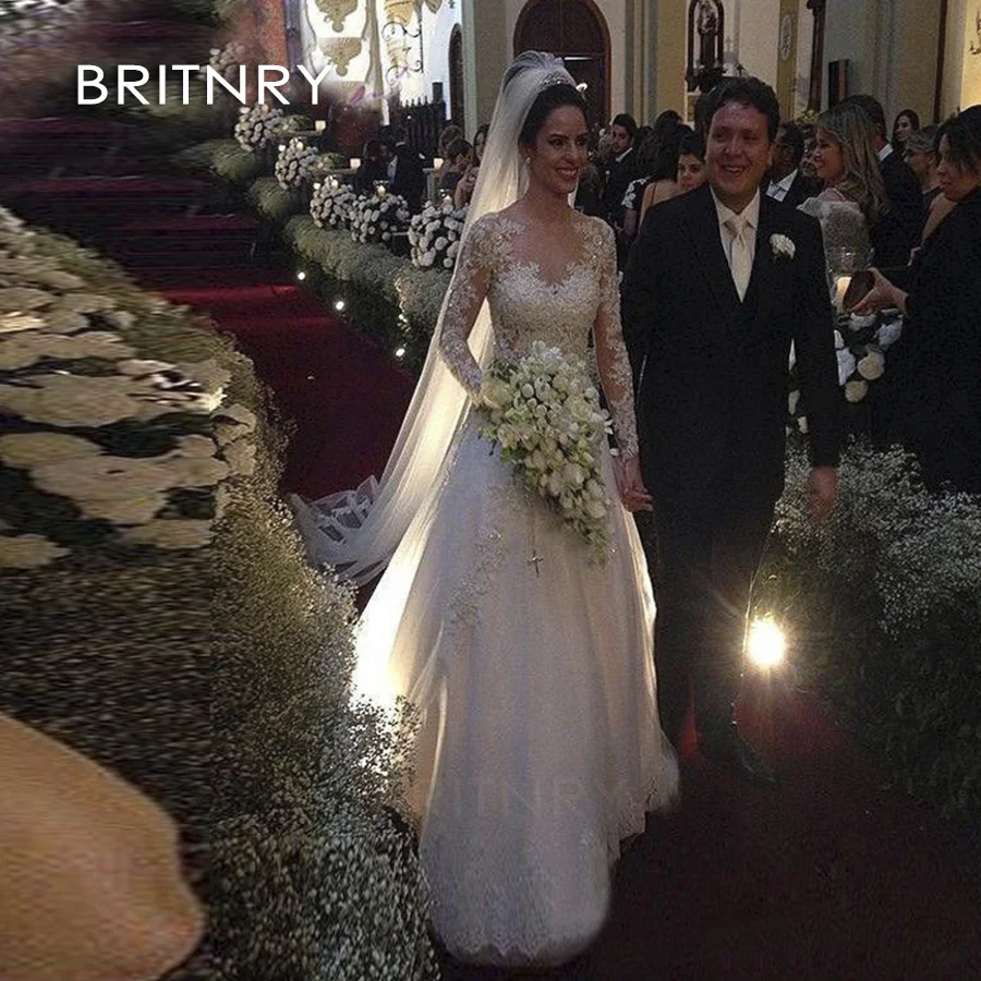 BRITNRY Новый 2019 аппликации вышивка Брак Свадебные платья из фатина с длинным рукавом элегантное Бальное Платье Иллюзия Свадебное платье