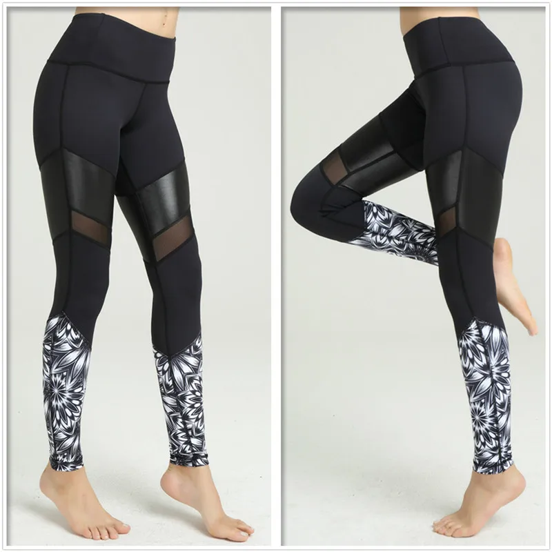 2016 New Arrival Flower Printing Sexy Yoga Pants with Black Mesh Women