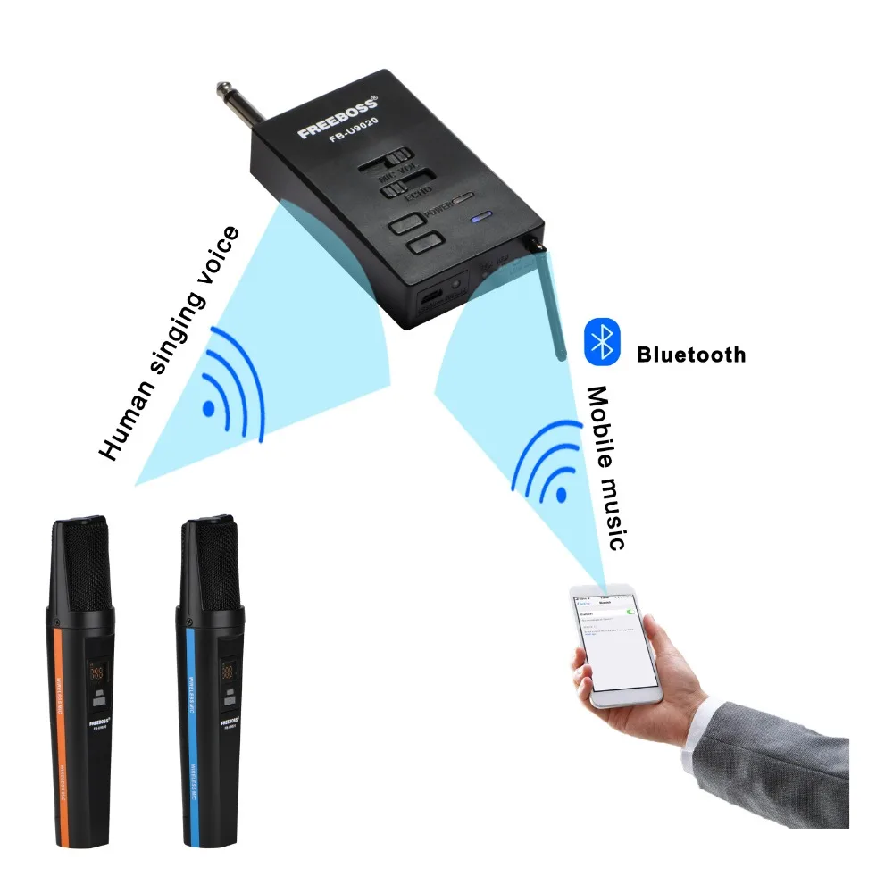  FREEBOSS FB-U9020 2 Way 2x30 Adjustable Frequency 2 Handheld Bluetooth Party Church School Dj Karao