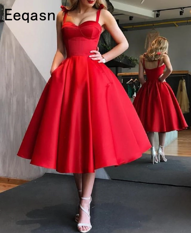 Elegant Red Short Cocktail Dresses Women Satin Party Dress for Wedding Knee Length A Line Robe de Cocktail Prom Gown