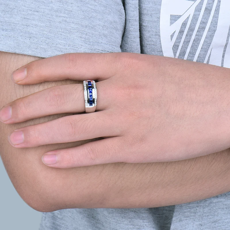 LOVERJEWELRY, необычное кольцо для мужчин, Твердое 14 к белое золото, 0,80 карат, голубой сапфир, бриллиант, обручальное кольцо SR0009