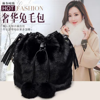 

JOFEANAY Brand rabbit fur handbag 2018 winter new personality fashion leopard buckle bucket type shoulder bag diagonal package