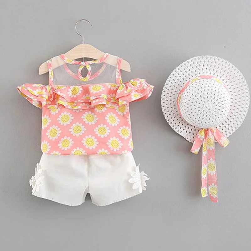 

Baby Girl Clothes Sling T-shirt Top+Shorts+Hat Girls Sets Fashion Kids Casual Clothing Summer New 3PCS Girls Sets