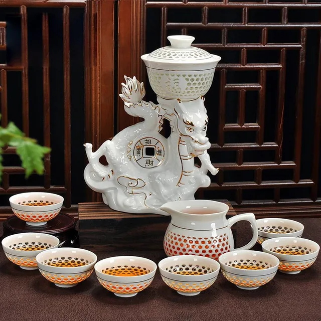 Chinese Semi Automatic Tea Set Drinkware Hollow Ceramic