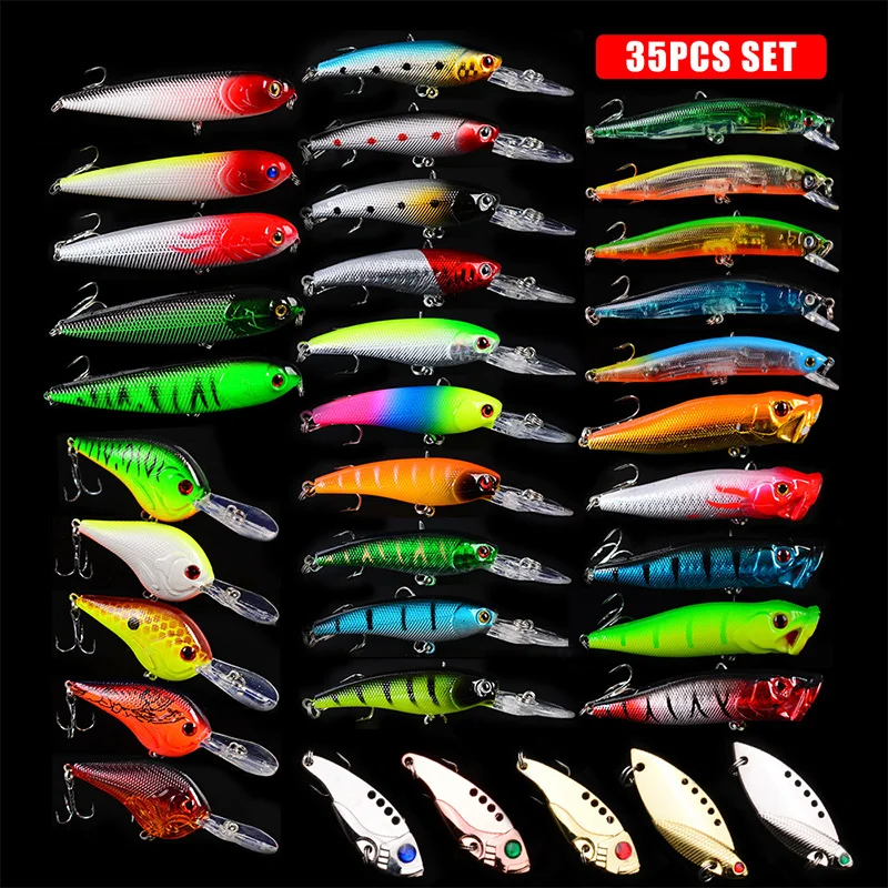 

High Quality 35Pcs Mixed Fishing Lure Set Popper Metal Minnow Lures Kit Spoon Bait Suit Wobbler Tackle Crankbait Baits Kit Pesca