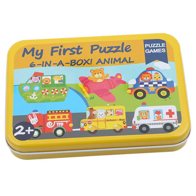 New 6 In 1 Iron Box Cartoon Animals Wooden Puzzle Children Montessori Early Educational Toys Baby Toys Gifts For Kids 4