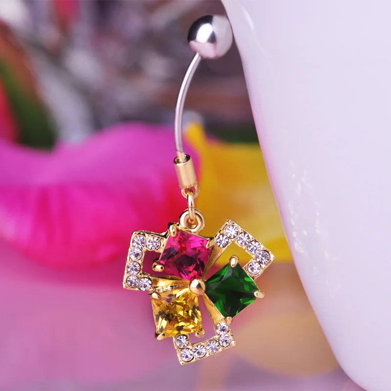 

Fashion Square Navel Belly Button Rings CZ Zircon Crystal Surgical Steel Gold color Pircing Piercing Sexy Jewelry Bar 16G 1.2mm