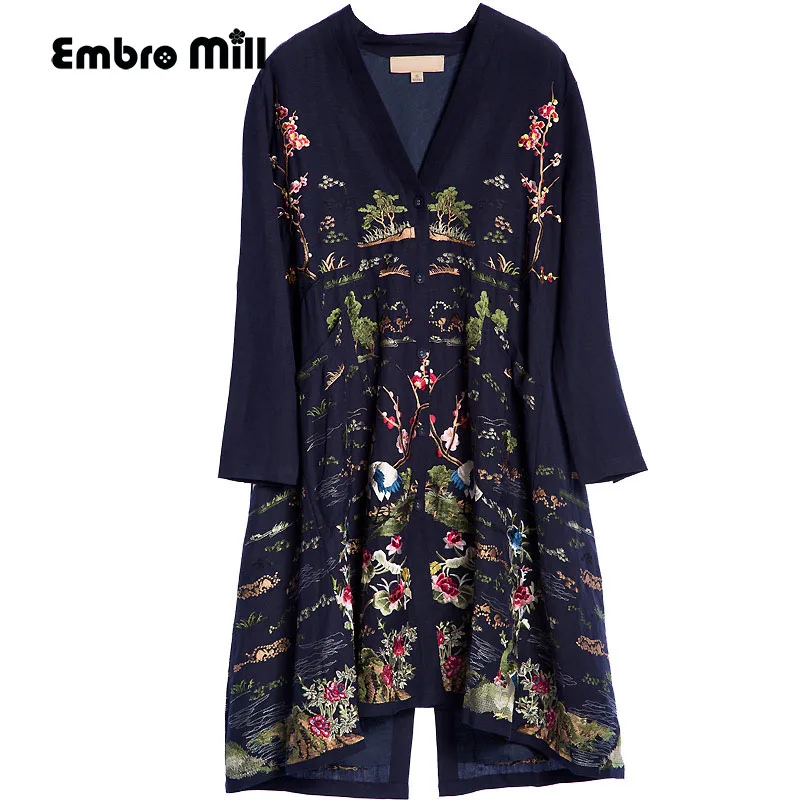 Пальто женское с V образным вырезом и вышивкой|trech coat|embroidery women coatlinen coat |