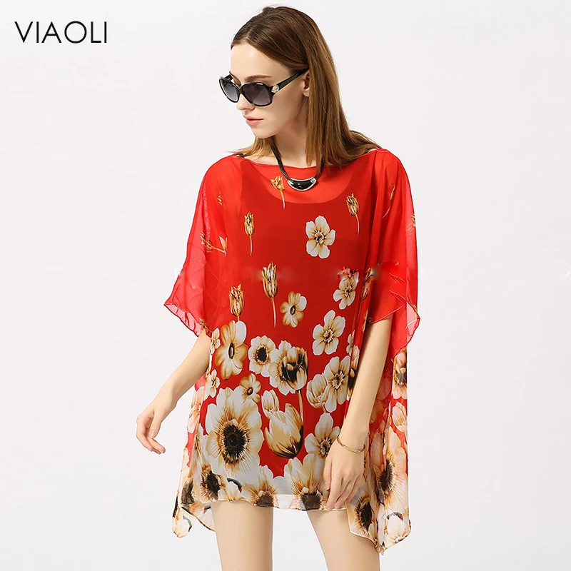 

VIAOLI Bathing Suit Beach Caftan Swimsuit Cover up Print Chiffon Pareo Women Robe Plage Swimwear Dress Sexy Sarong Beach Tunic