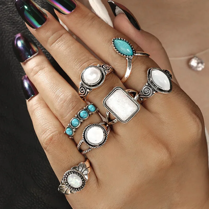 

RAVIMOUR 7Pcs Set Statement Knuckle Rings for Women Geometric Opal Stone Boho Jewellery Punk Vintage Silver Bague Femme Bijoux