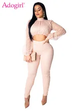 Adogirl Polka Dots Sheer Mesh Fashion Two Piece Set Mock Neck Long Lantern Sleeve Crop Top + Pencil Pants Casual Suit Clubwear Adogirl Polka Dots Sheer Mesh Fashion Two Piece Set Mock Neck Long Lantern Sleeve Crop Top + Pencil Pants Casual Suit Clubwear