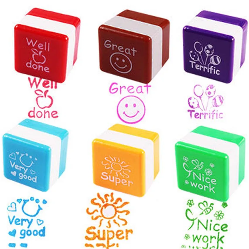 6pcs English Teachers Encourage Stamp Self-Inking Kids Drawing Toy Cartoon Encourage Stamp Toys Birthday Gift for Girls Boys