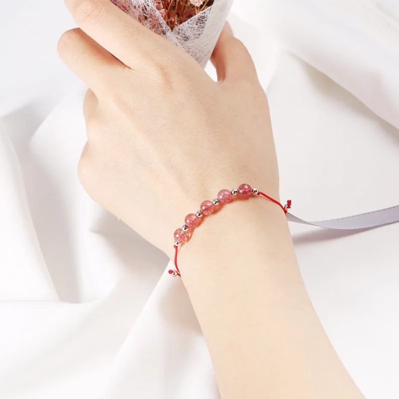 

Strawberry Crystal Red Rope Bracelet Korean 925 Pure Silver String Female Life Year Crystal Sweet Silver Jewelry Bracelet Sales