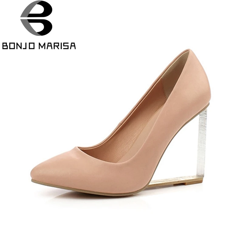 

BONJOMARISA Crystal Wedge High Heel Pumps Genuine Leather Summer Shoes Pointed Toe White Red Black Apricot Party Wedding Shoes