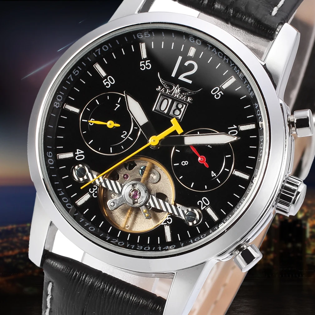 

Jargar Automatic Men Tourbillon Silver Watch with Black Leather