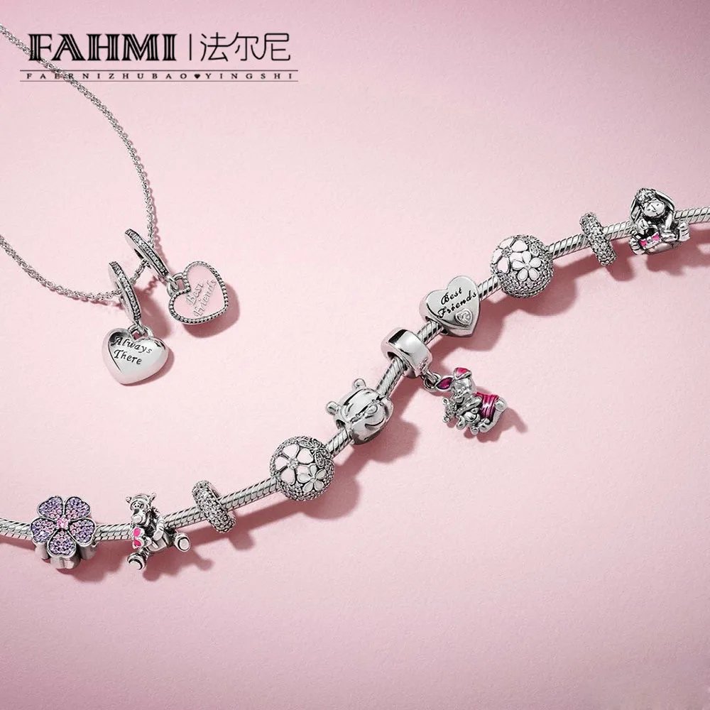 

FAHMI 100% 925 Sterling Silver Best Friends HEART HANGING CHARM PIG Primrose Pave Puppy FRIENDSHIP HEART Beads DIY All Bracelets