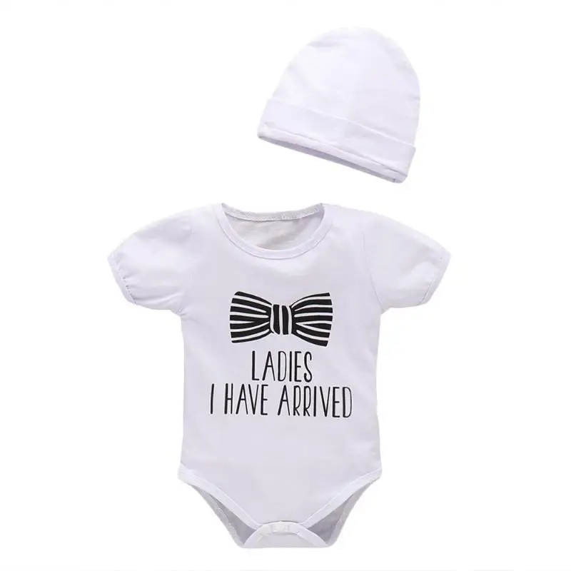 

1set Baby Girl printed Romper Cute Rompers Newborn Baby Girls Short Sleeve Set Letters Bowknot Cotton Romper Hat Birthday gift