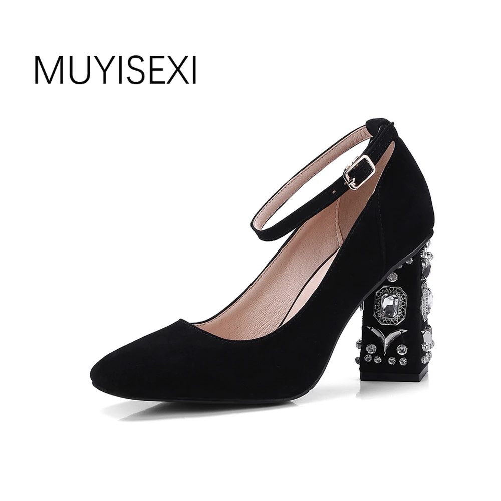 

Women Pumps Sheepskin Suede Crystal High Heels Ankle Strap Diamond Heels Shallow Wedding Shoes MY08 MUYISEXI