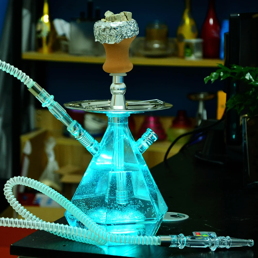 

Transparent Acrylic Hookah Set LED Light Shisha Pipe with Ceramic Bowl Nargile Hose Charcoal Tray Metal Tongs Chicha Narguile