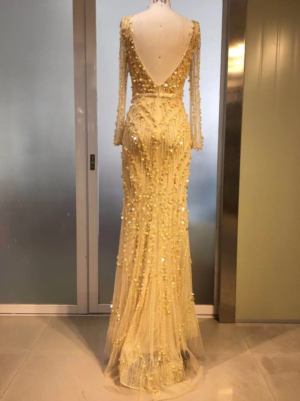 CloverBridal High quality gold long sleeves sexy deep low V back evening dresses long 2017 silver high-end dress luxury stones