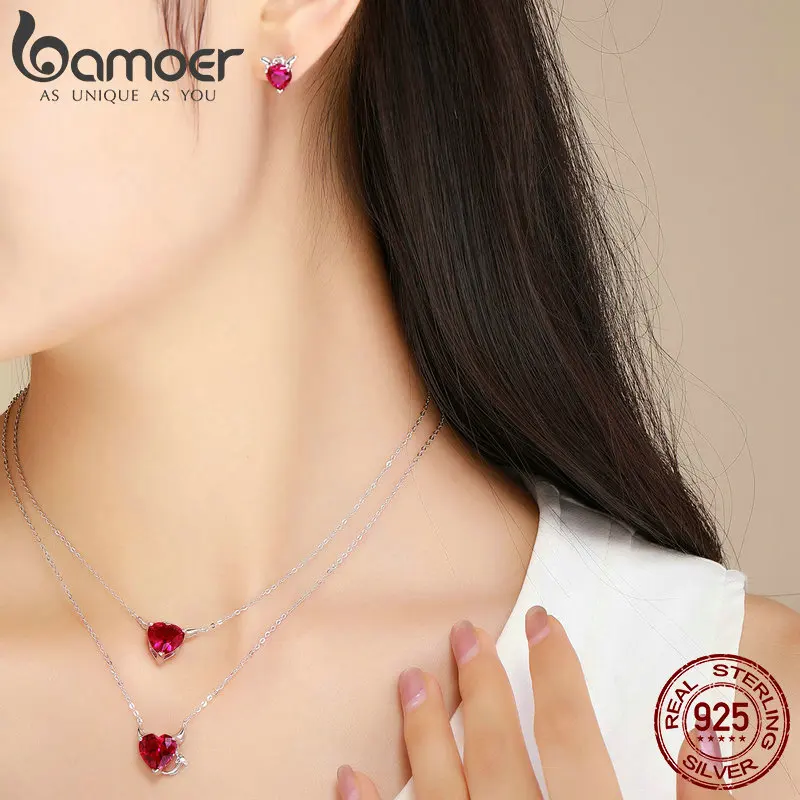 BAMOER 정통 레드 CZ 이블 앤 엔젤 펜던트 목걸이 귀걸이 쥬얼리 세트, 쥬얼리 ZH067