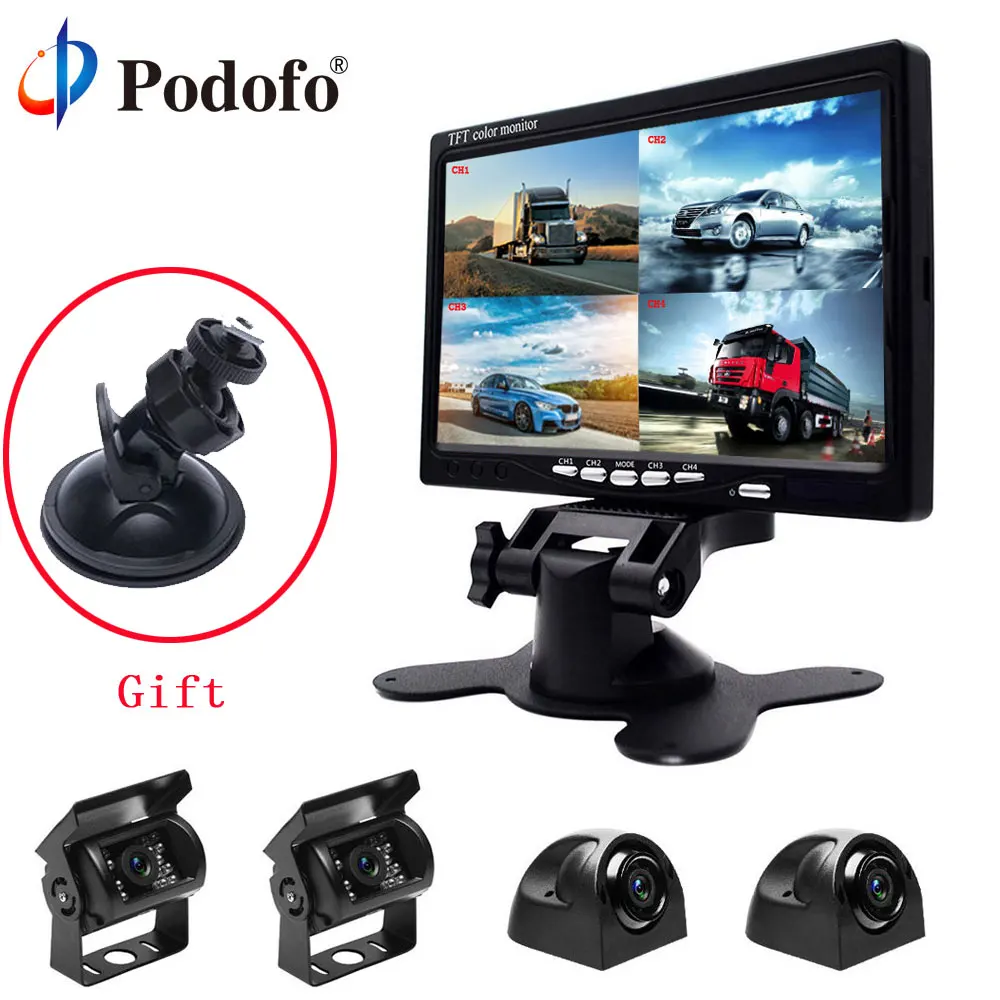 

Podofo 7" Split Screen Quad Car Monitor TFT LCD Display 4 CH Backup Camera Kit for Reversing Camera System +4 Rear View Cameras