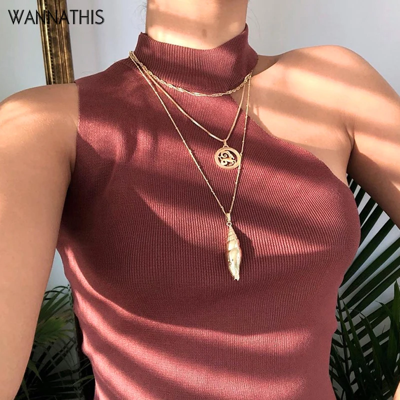 

WannaThis one shoulder knitted sexy slim crop tops woemn summer sleeveless halter basic camis stretchy casual camisole tanks top