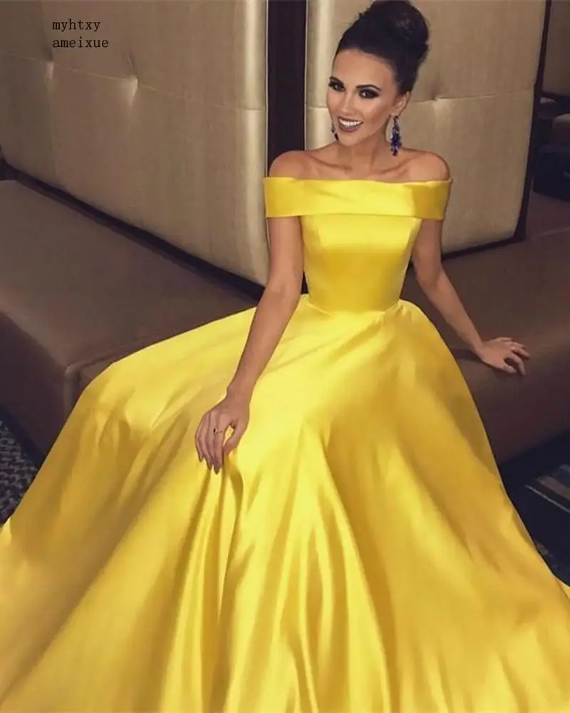 

Lovely Yellow Boat Neck Off The Shoulder Sexy Court Train Satin Evening Dresses Long Party Gowns For Prom Cheap Evening Gown