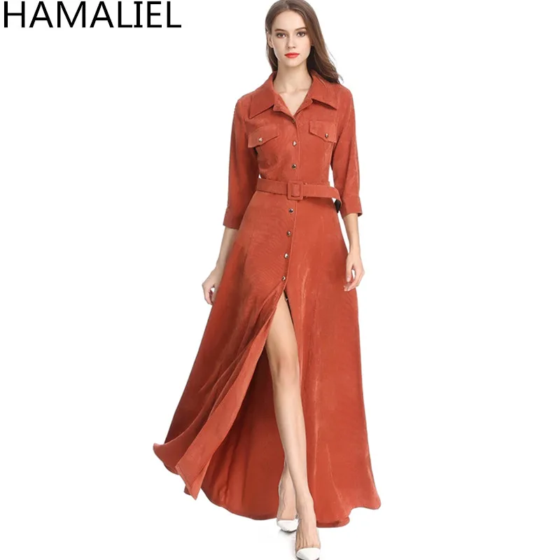 

HAMALIEL New 2018 Spring Autumn Long Split Dress Women Corduroy Single Breasted Vintage Female Turn Down Collar Dress With Belt