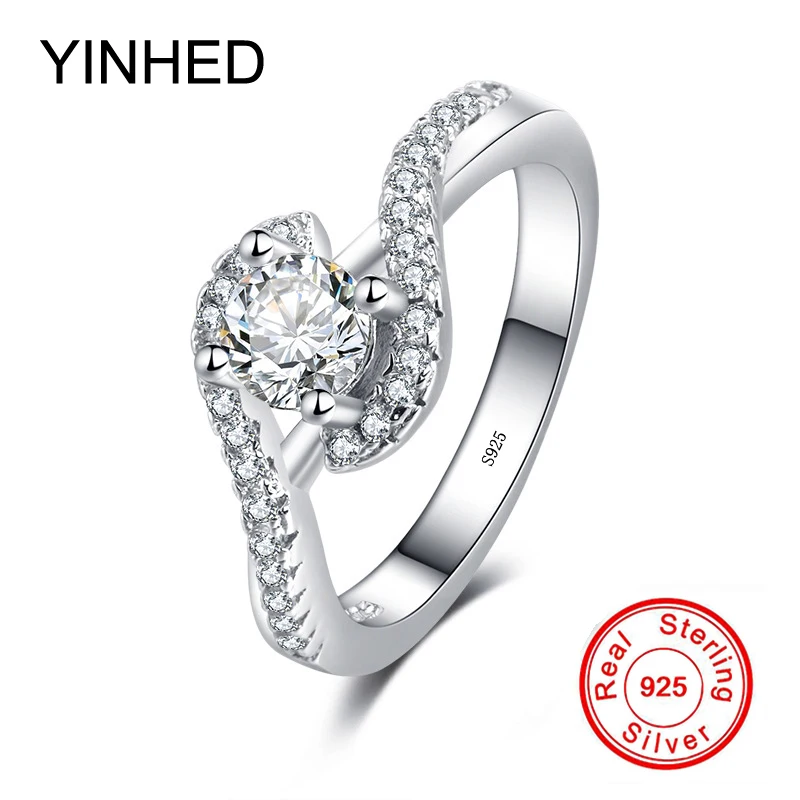 

YINHED Elegant Women Wedding Band Ring Real 925 Sterling Silver Jewelry Sparkling Perfect Round Zircon CZ Solitaire Ring ZR477