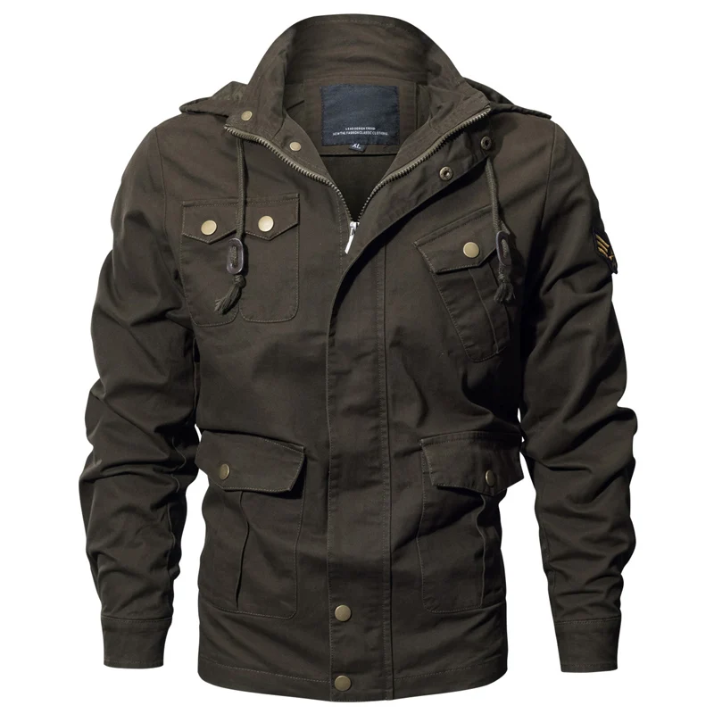 

Men Autumn Multi Pocket Stand Collar Hooded Loose Bomber Coat Spring Outdoor Training Riding Hunting Thin Army Jacket Tops 6XL