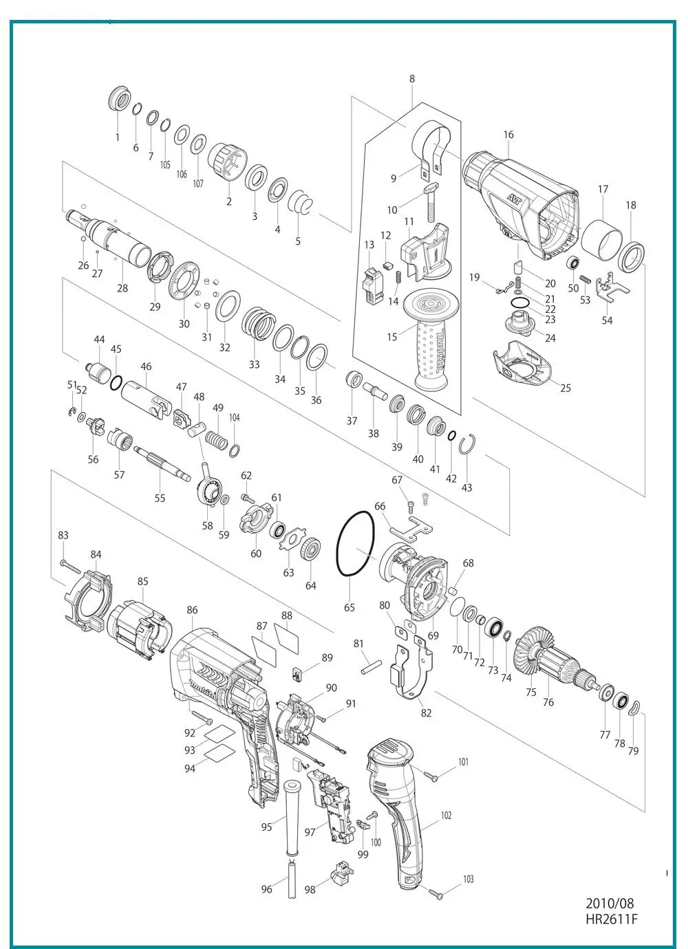 Перфоратор Makita HR2611F светильник AVT чрезвычайно низкая вибрация встроенный рабочий светильник Три функции 800 Вт 4, 600ipm 1200 об/мин