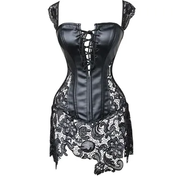 

New Faux Leather Lace Embellished Steampunk Corset with Lace Skirt Sexy Plus Size Overbust Corsets and Bustiers