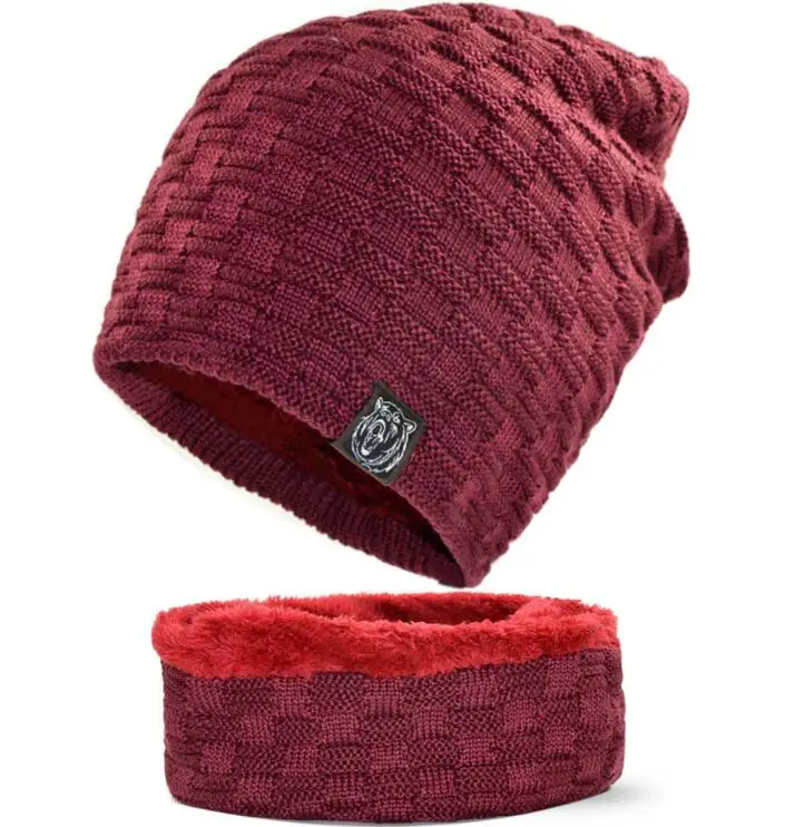 UNIKEVOW(Hat&scarf 1set) New Autumn Winter knitted hat scarf set for men and women Cap and neckerchief sets with weaving logo - Цвет: red set