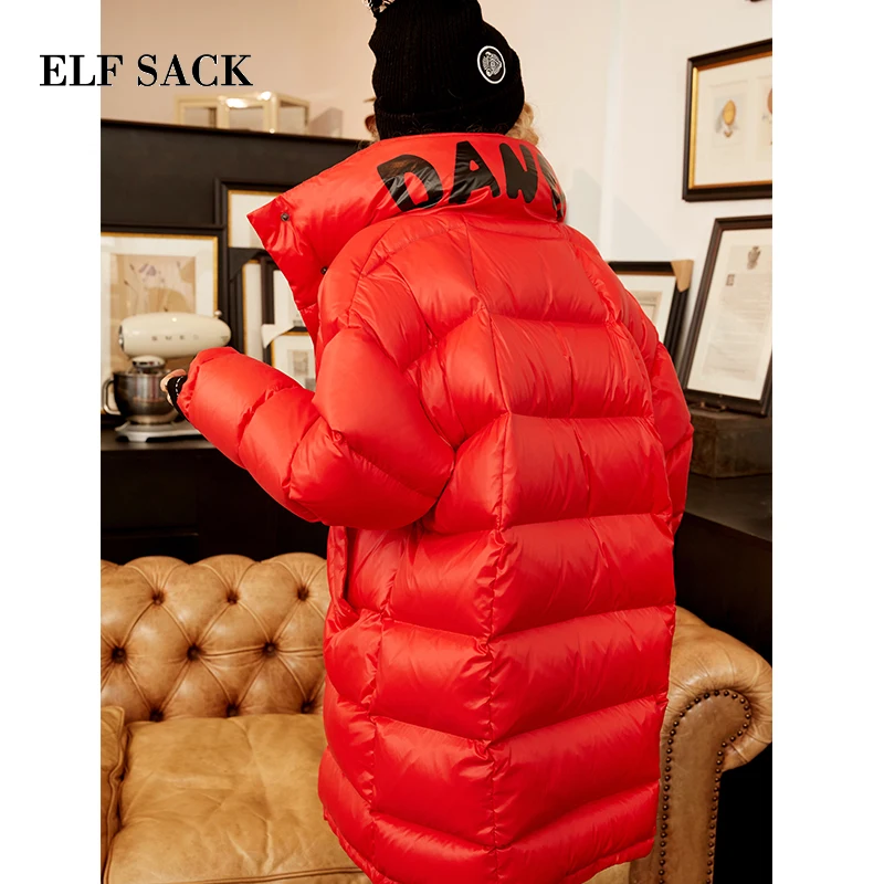 ELF SACK New Winter Woman Coat Solid 90% Duck Down Jackets Long Sleeve Warm Womens Outwear Parkas for Women Winter Streetwear