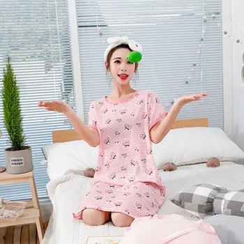 

Korean Cute Cartoon Printed Nightdress Women's Summer Short-Sleeved Loose Comfy Milk Silk Home Loungewear Female Pyjamas H