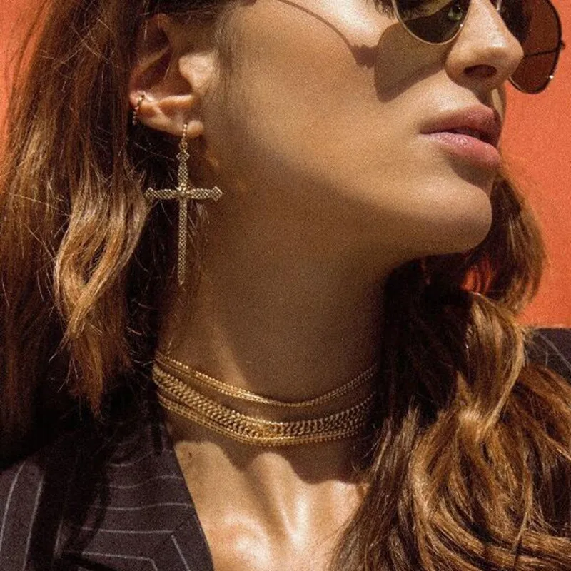 

Golden Color Classic Cross style Drop Earrings Punk Style Long Earrings For Women Simple Earrings Statement Jewelry E0423
