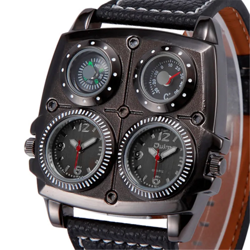  OULM 1140 Mens Dual Time Zone Military Watch with Compass Thermometer Big Rectangular Leather Casua