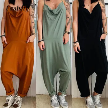 

Fanbety Women Sexy strap Pockets Harlan Jumpsuit Ladies Vintage Casual Loose Sleeveless Solid Jumpsuit Summer Beach Overalls 3XL