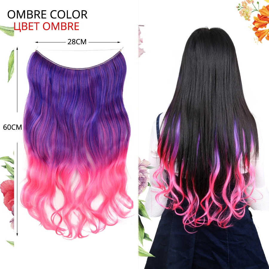 Alileader Invisible Halo Hair Extensions Curly Natural Wire Hairpieces No Clips Ombre Pink Purple Black Synthetic Flip Wire Hair